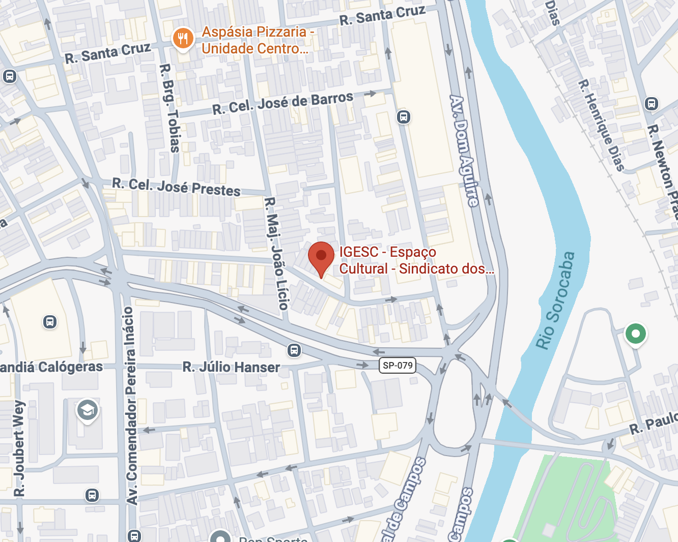 Mapa da cidade de sorocaba com foco no Espaço cultural, que fica próximo a sede do sindicato dos rodoviários